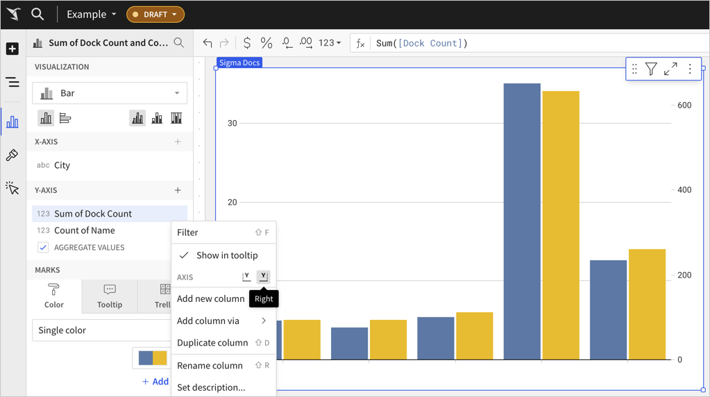 Column menu open for second y-axis column, Count of Name, with an option to select an axis. The right axis is selected for this column, and the chart is updated to show two y-axes.