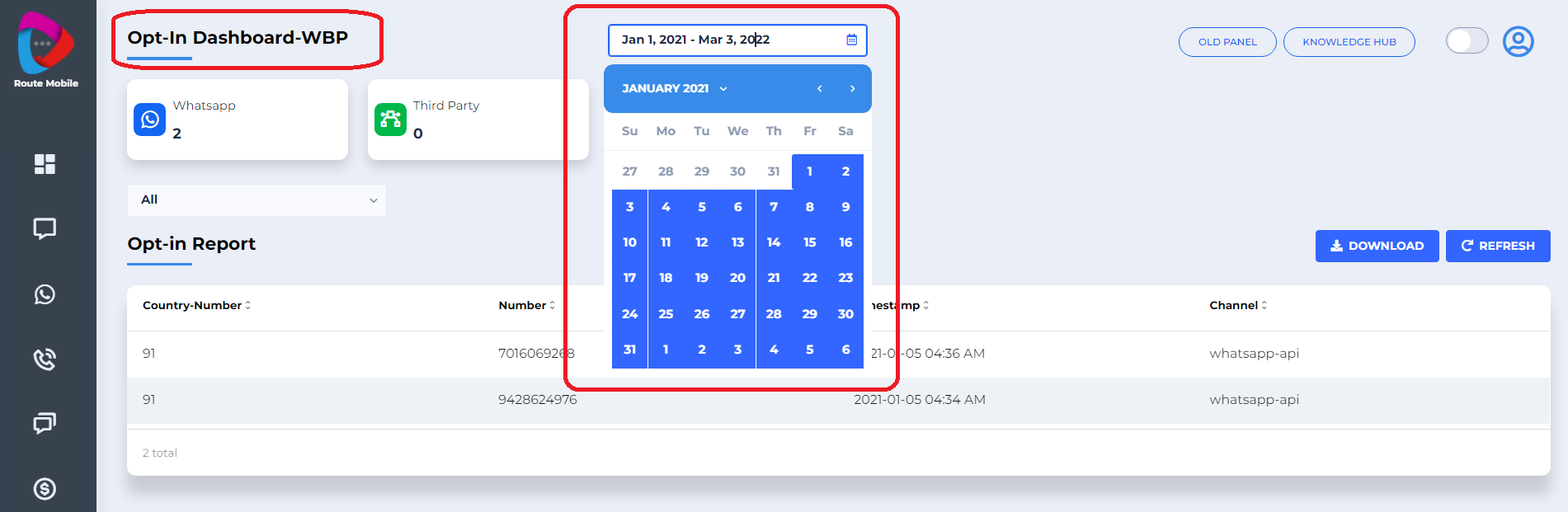 WhatsApp Opt-in Dashboard showing date range selection