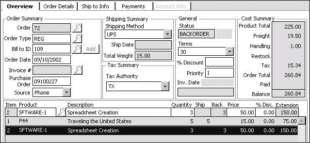 Example of a partially shippable order in backorder status when the Ship Complete, Hold Until 100% Complete option is enabled