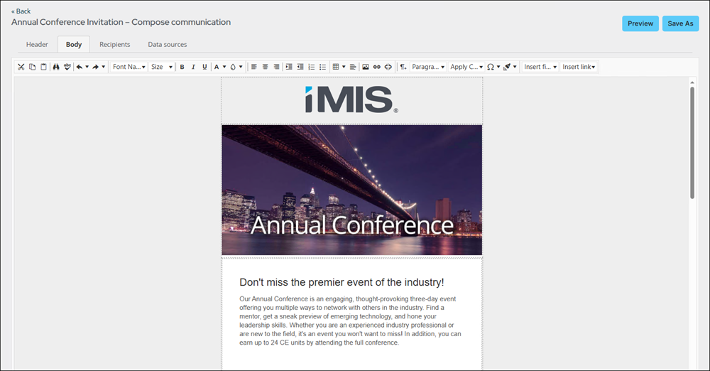 Composing the body of the Annual Conference Invitation communication.
