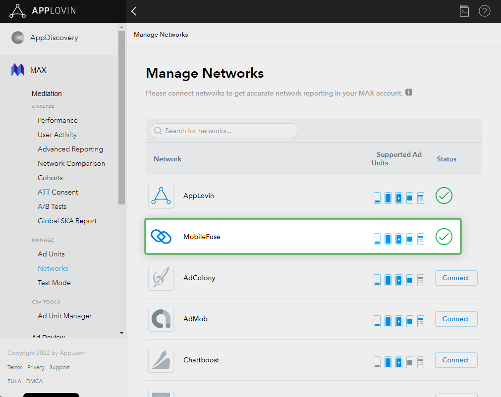 Check that MobileFuse is now listed in your Networks page