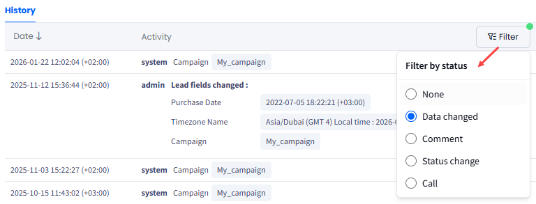 Screenshot of filtering by lead data changes
