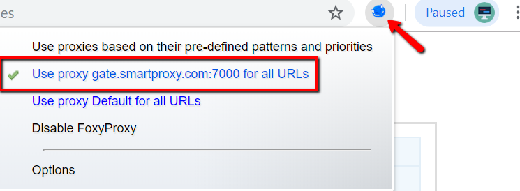 FoxyProxy – select Use proxy on Chrome