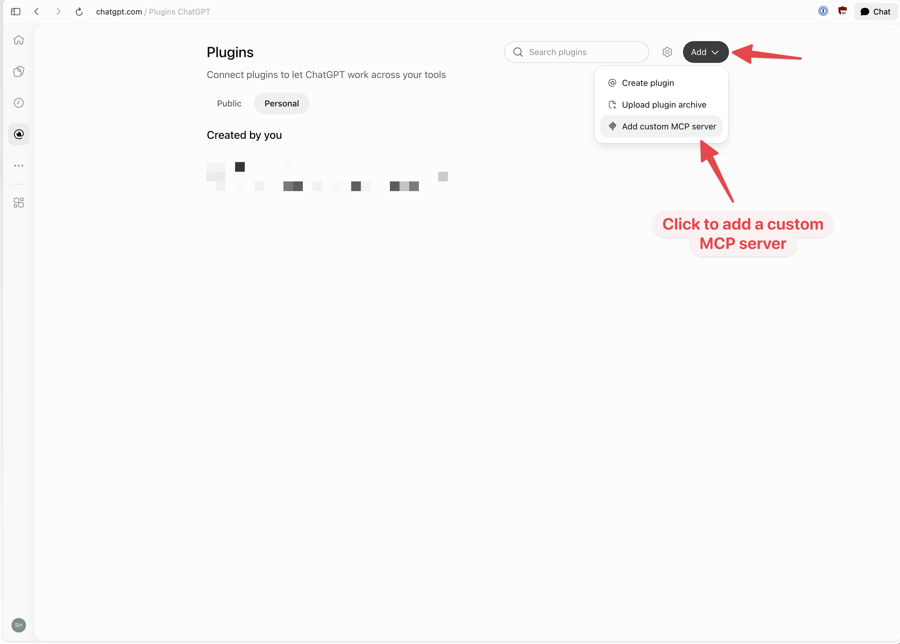 The ChatGPT Plugins page with the Add menu open and Add custom MCP server highlighted
