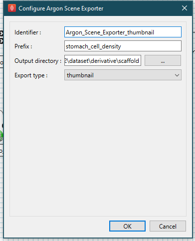Figure 6. Argon Scene Exporter\_ step configured for outputting a thumbnail into a scaffold directory in the skeleton dataset