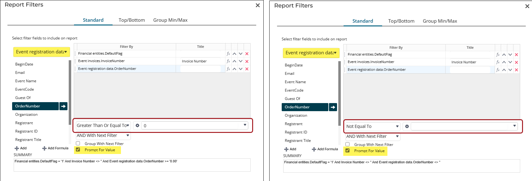 Configuring OrderNumber as a filter
