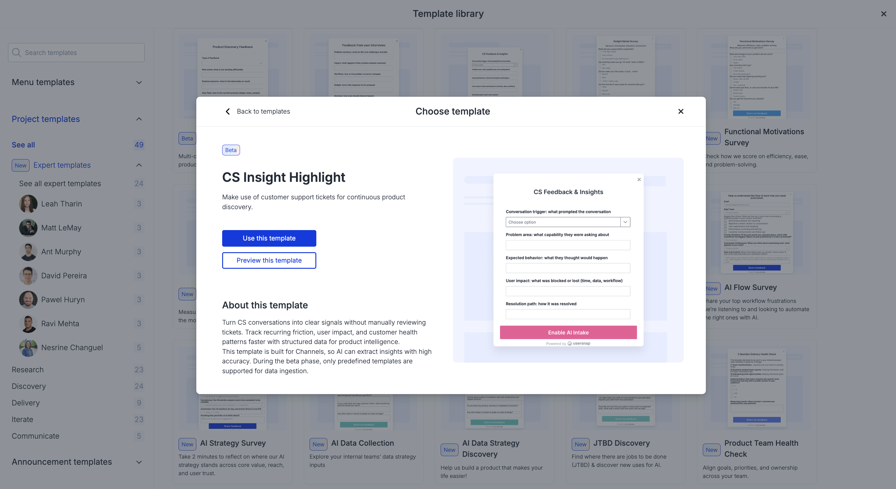 Example Usersnap template configured for continuous product discovery via Zoom