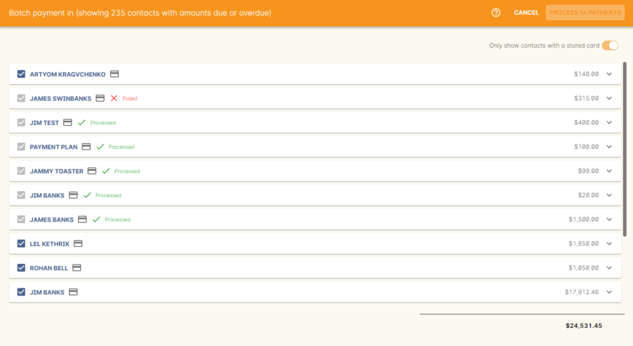 The results after processing 6 payments; 1 failed, 5 successful