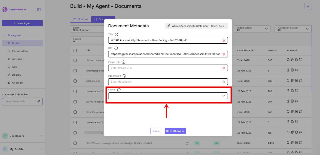 Screenshot: Labels field on the Metadata window