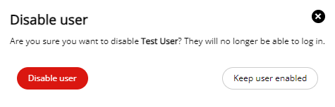 The confirmation screen to disable a user account in the dashboard.