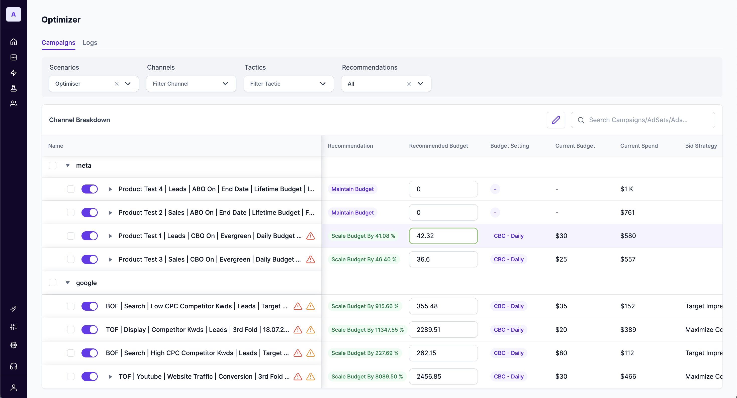 Manually editing a recommended budget in the Lifesight Optimizer.