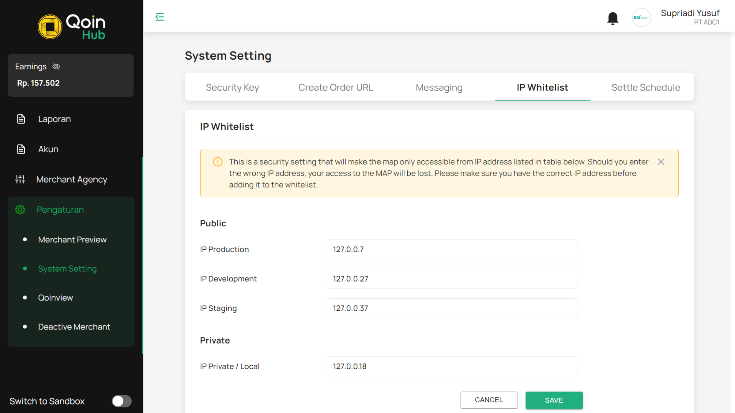 Halaman System Setting – IP Whitelist (Edit)