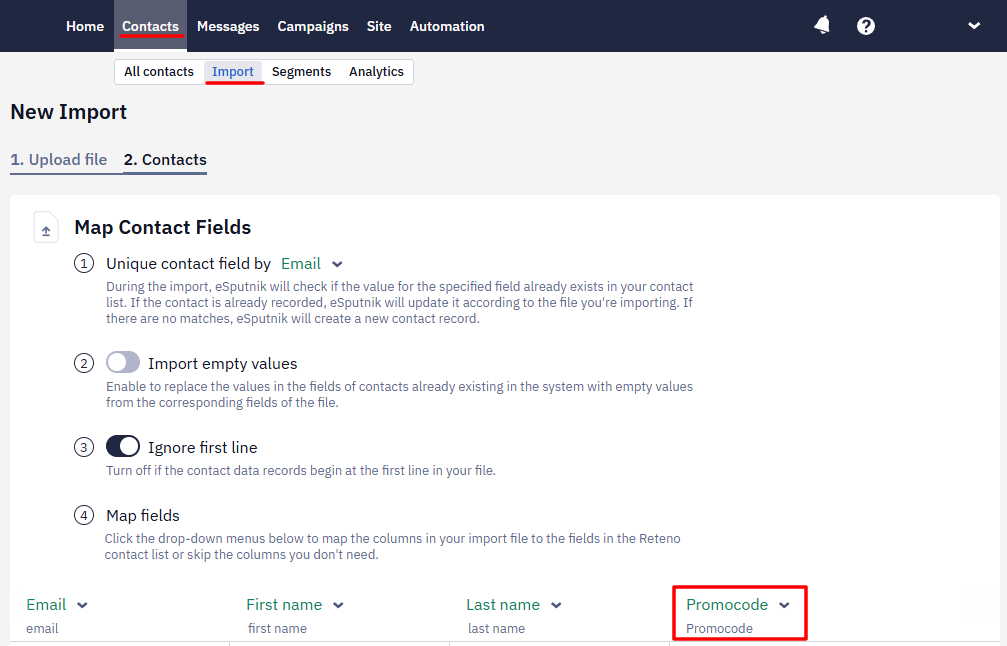 Reteno contact import Map Contact Fields step with a column mapped to the Promocode field, highlighted