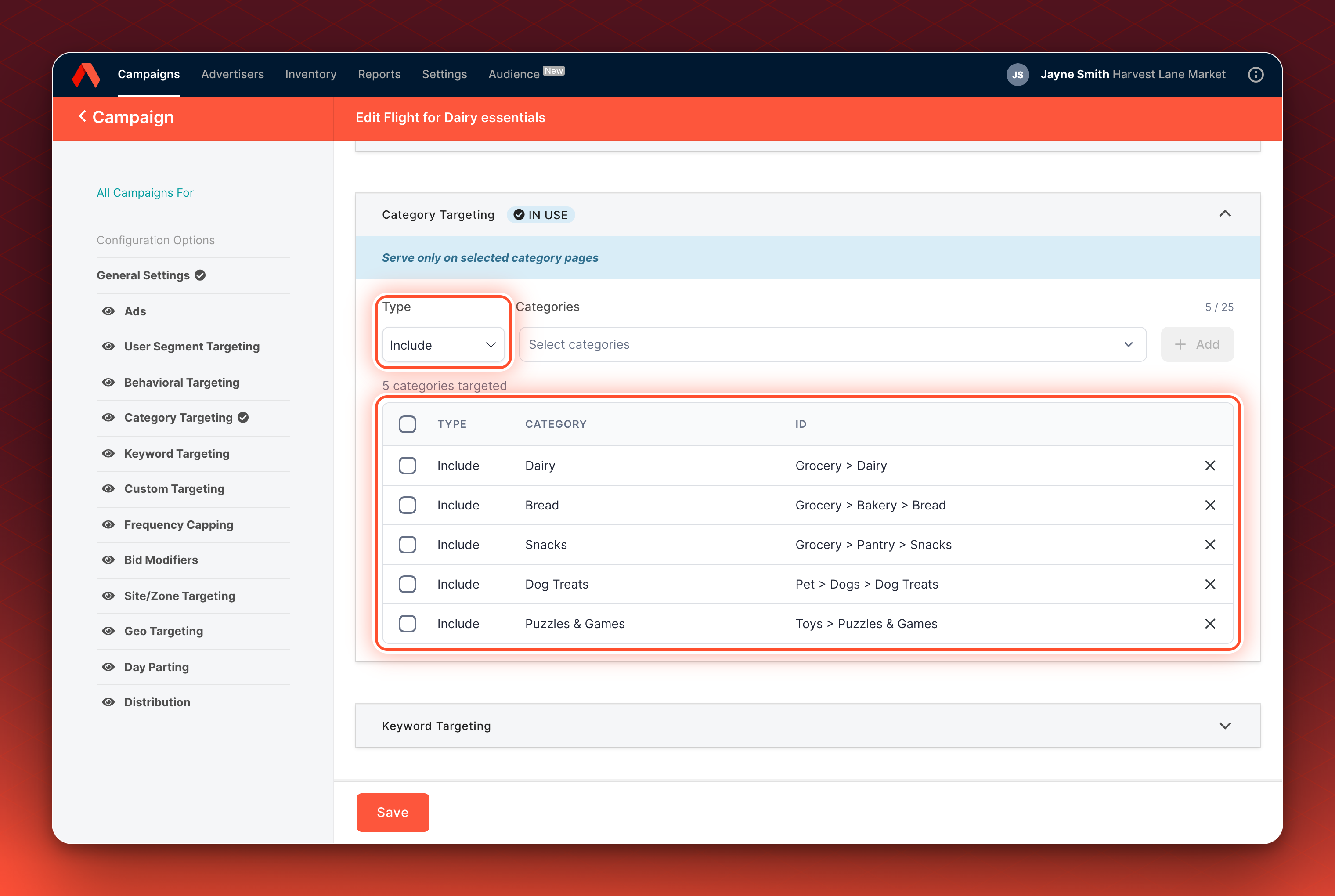The Flight editor with Category Targeting open in the left sidebar: the Type control set to Include and a table of five targeted categories, each with its type, name and ID.