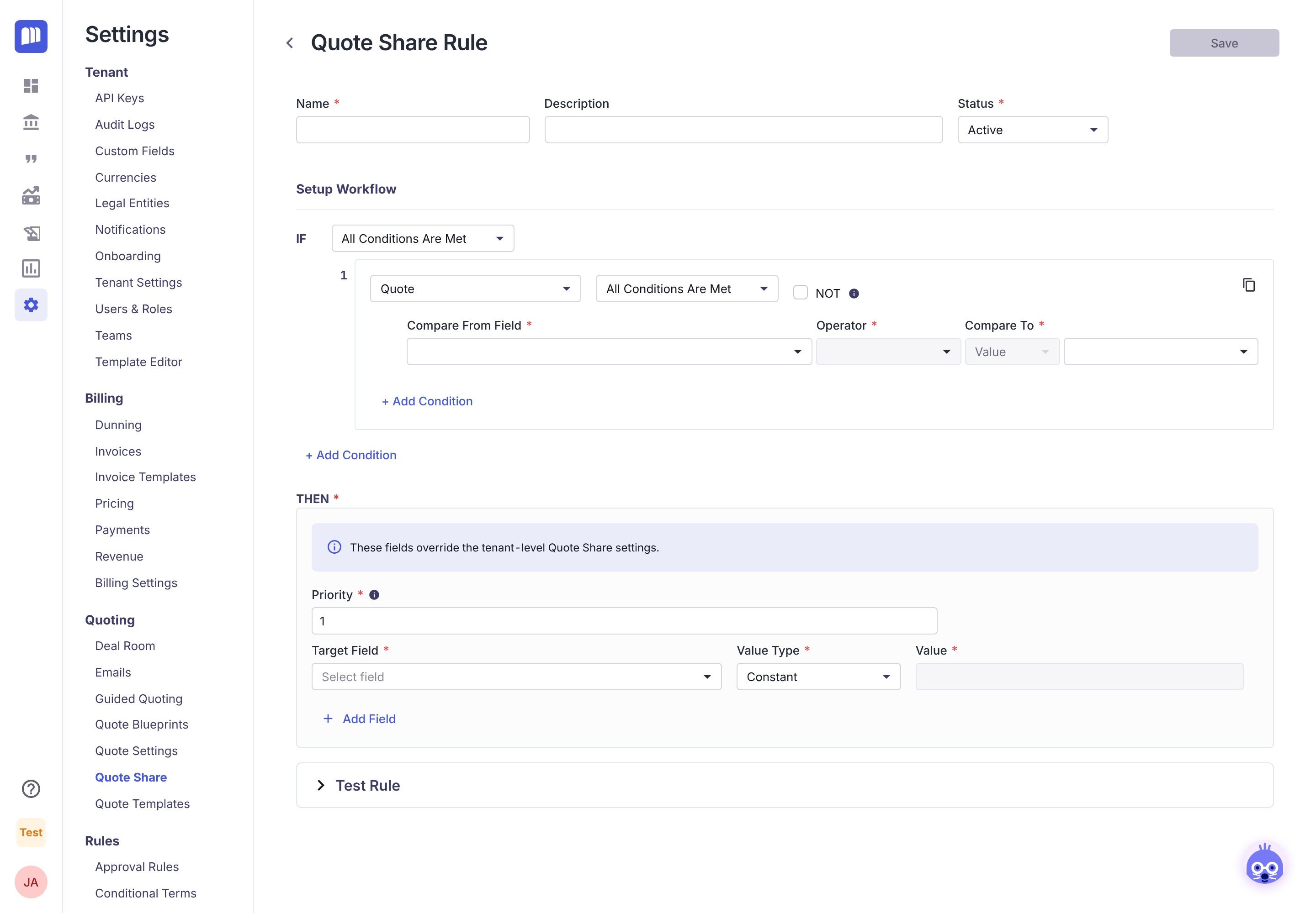 A new Quote Share Rule form