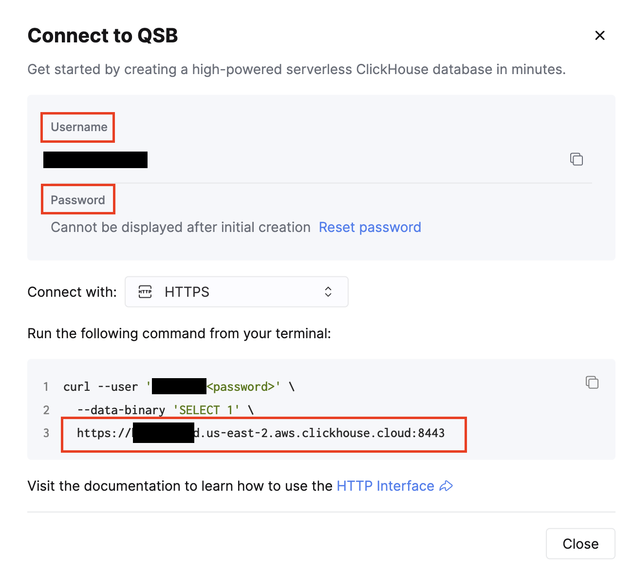 FIG. 2 - Retrieve connection parameters for ClickHouse Cloud