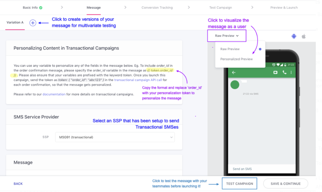 Creating Transactional SMS Campaigns