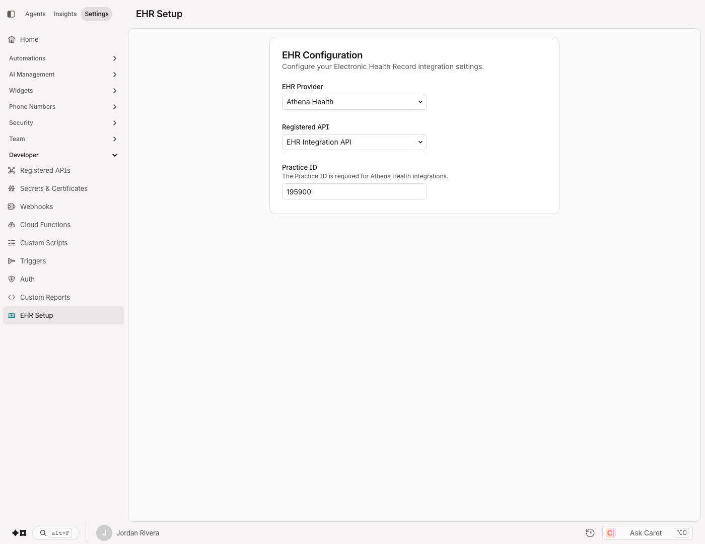 The EHR Setup screen configured for Athena Health: provider, the Registered API carrying the connection details, and the Athena-only Practice ID.
