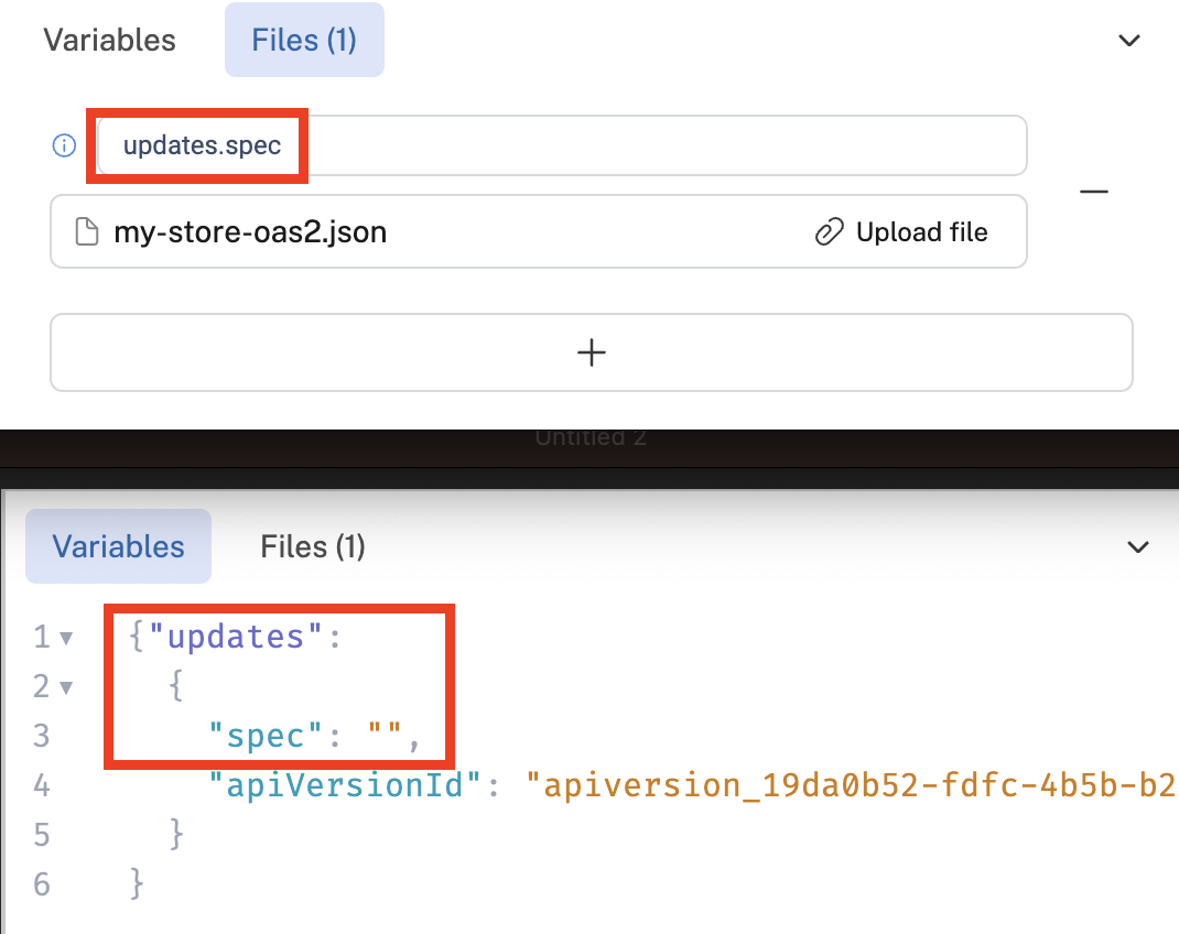 When uploading a file, specify the "path to variables" (top screenshot). This corresponds to the path to the file in the Variables tab (bottom screenshot.