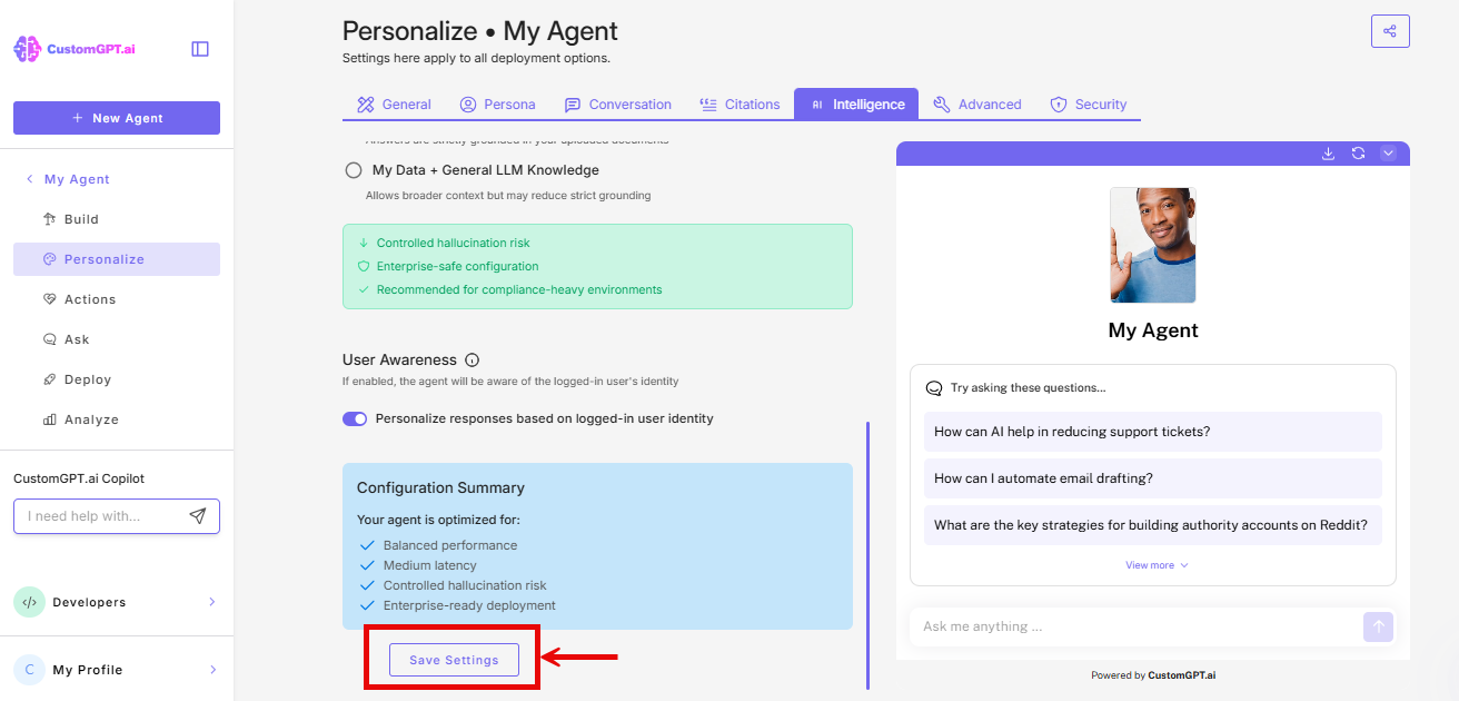 Screenshot: Intelligence tab save settings