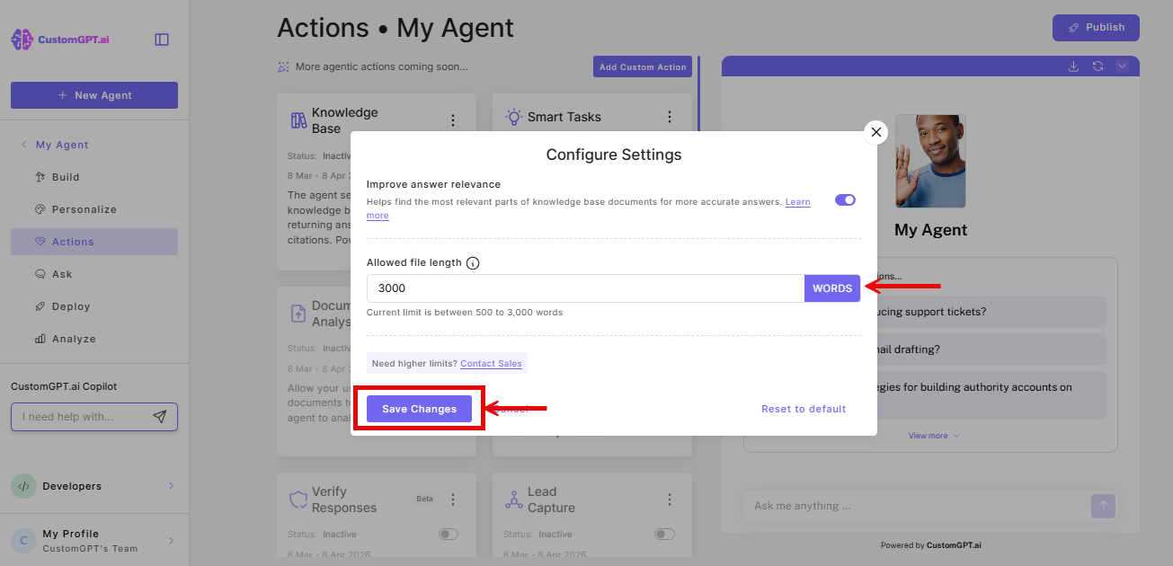 Save changes button on the Configure KB Doc Analyst settings modal