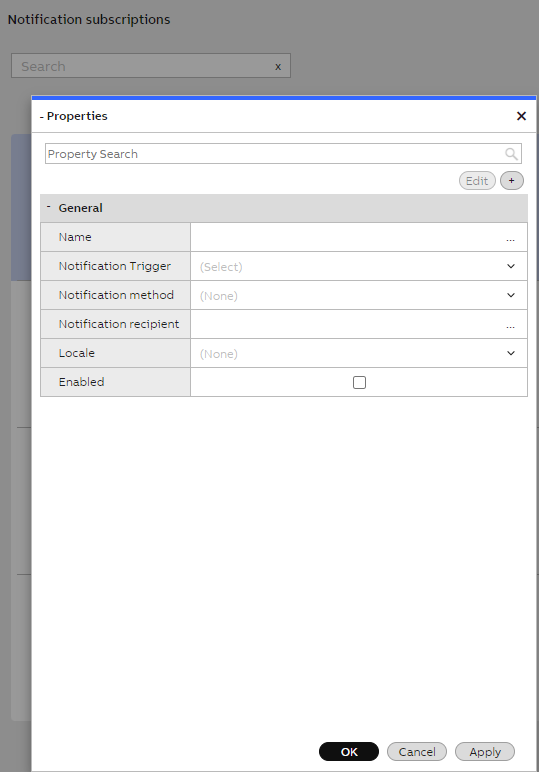 NotificationSubscription dialog. Provides possibility to add new subscription or edit existing subscriptions.