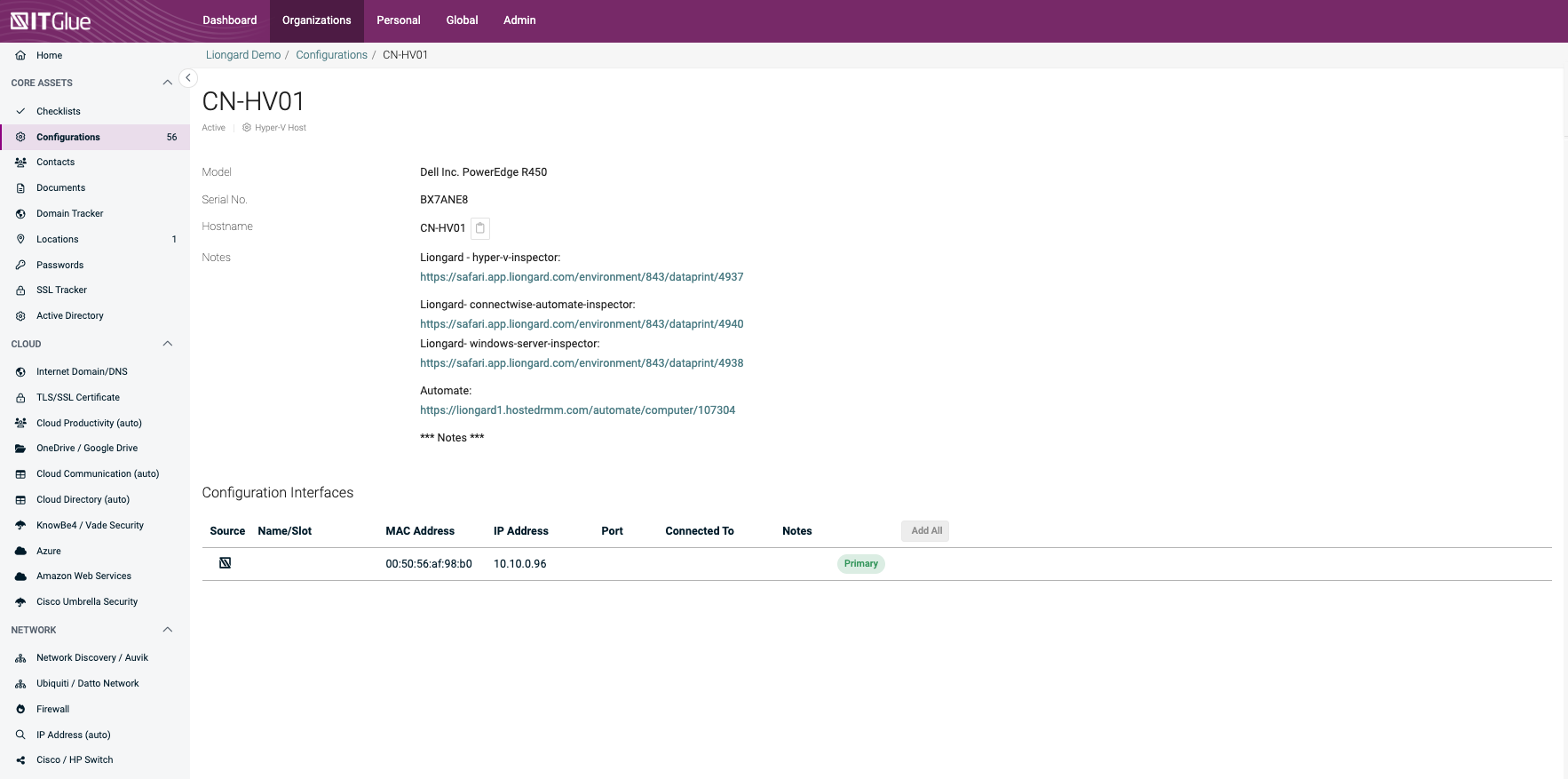 Sample automated Liongard data in an IT Glue's core configuration asset.