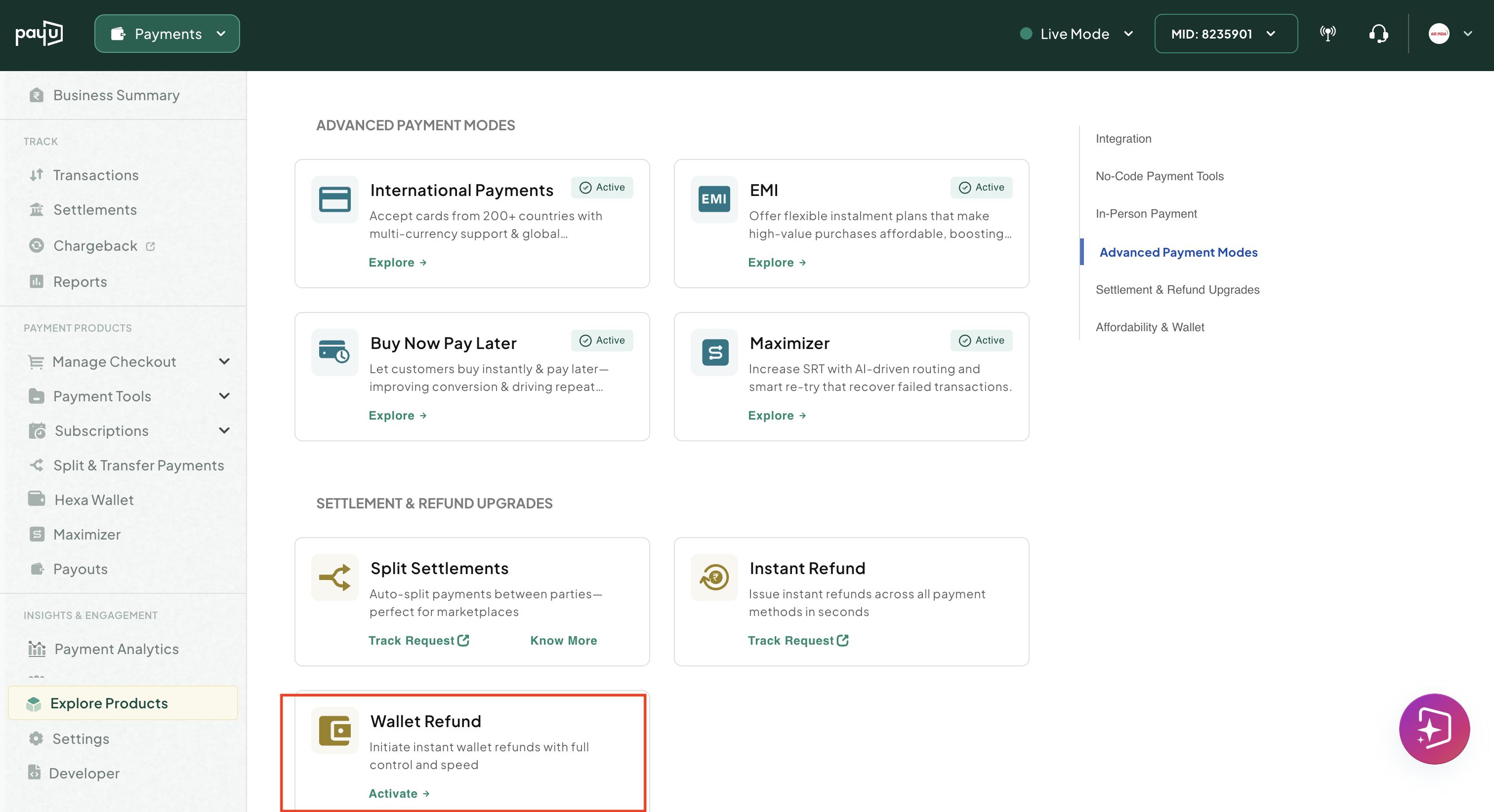 Explore PayU > Post Payment tab