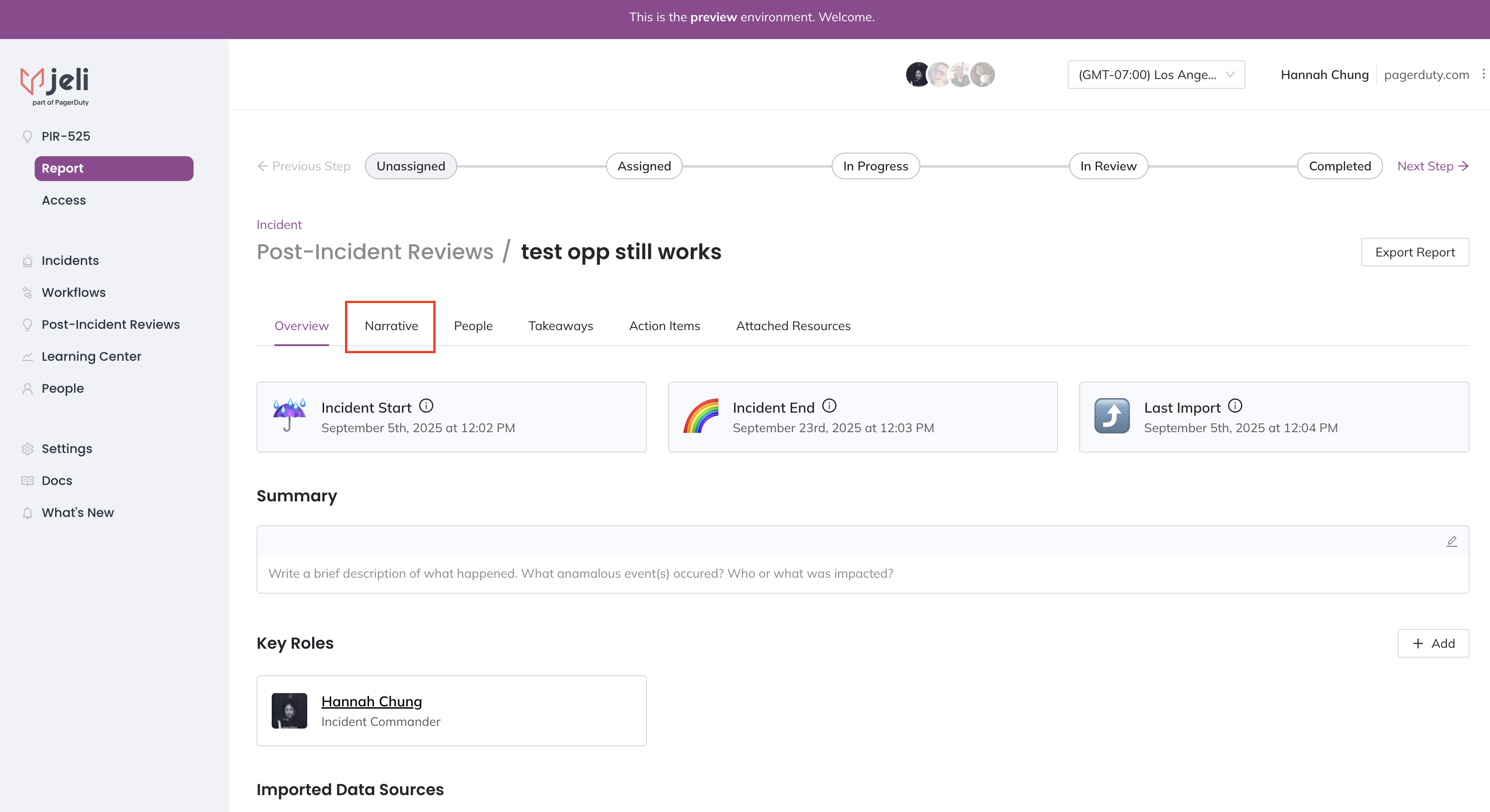 A screenshot of the Jeli web app UI showing the Narrative tab