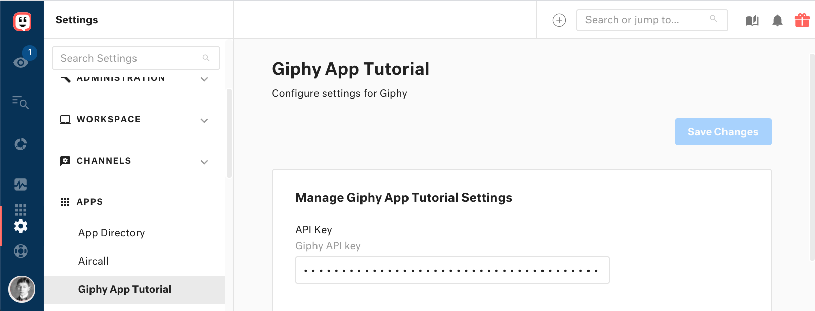 Enter the GIPHY API key in the app settings page.