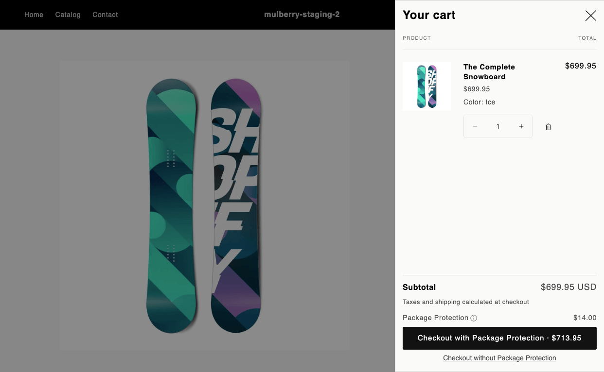 Checkout with Package Protection button in a Shopify cart