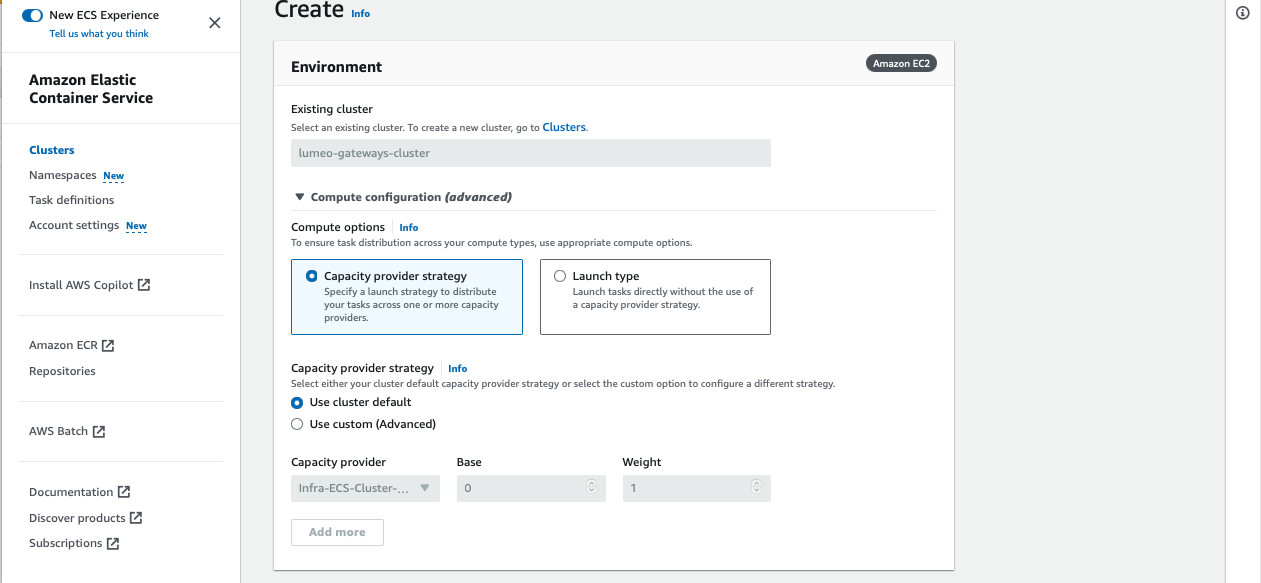 Create a new Service in the cluster. Choose default Capacity provider strategy.