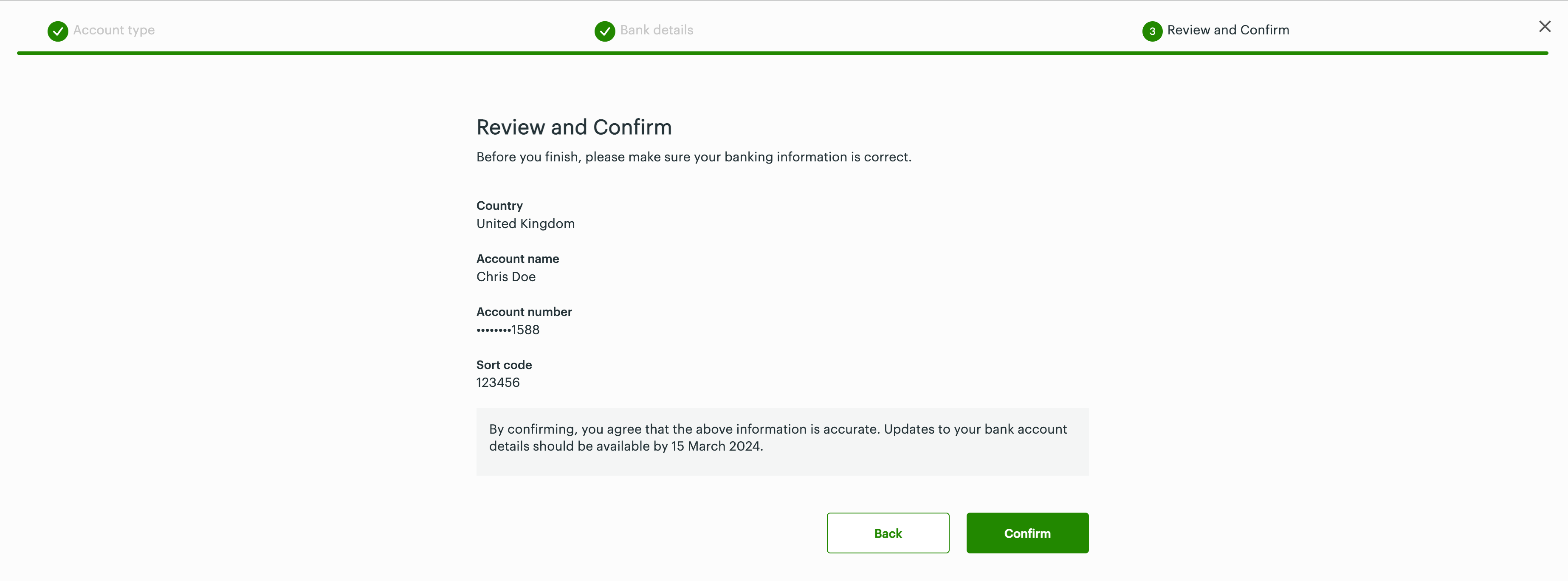 Review and confirm: Sort code - UK