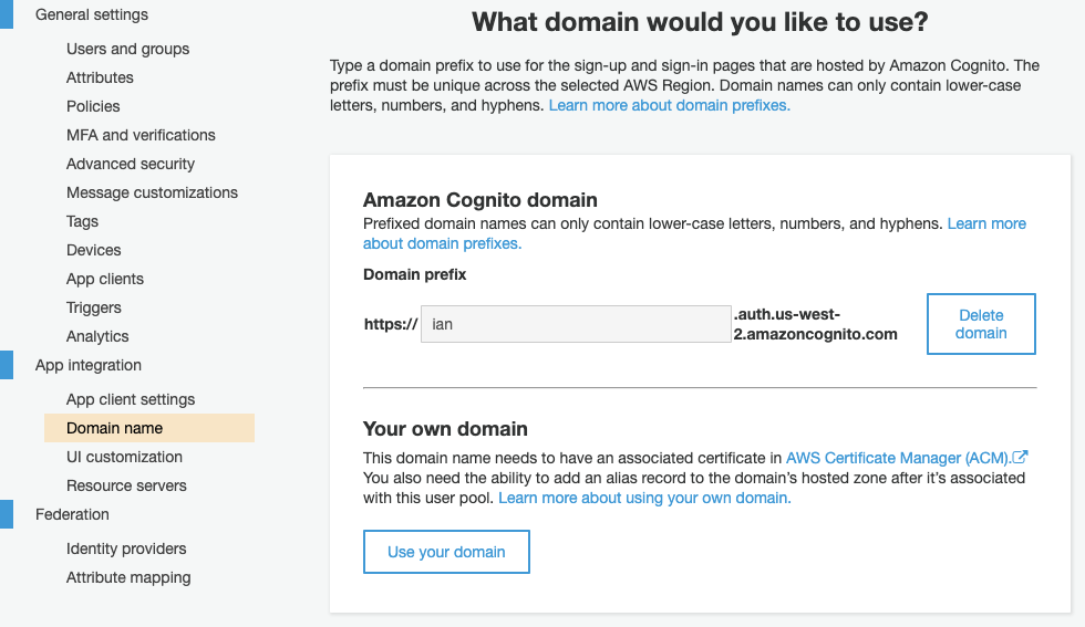 Figure 5. Domain Name Settings in AWS Cognito