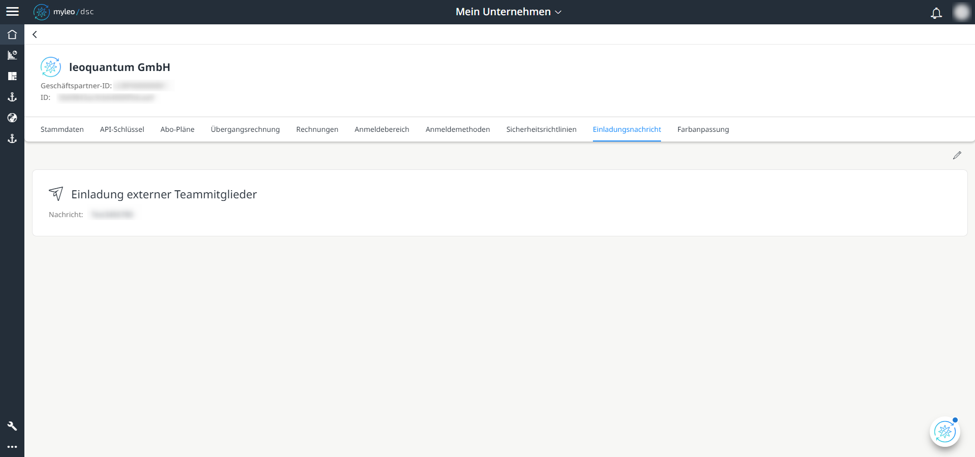 Mein Unternehmen - Tab "Einladungsnachricht"