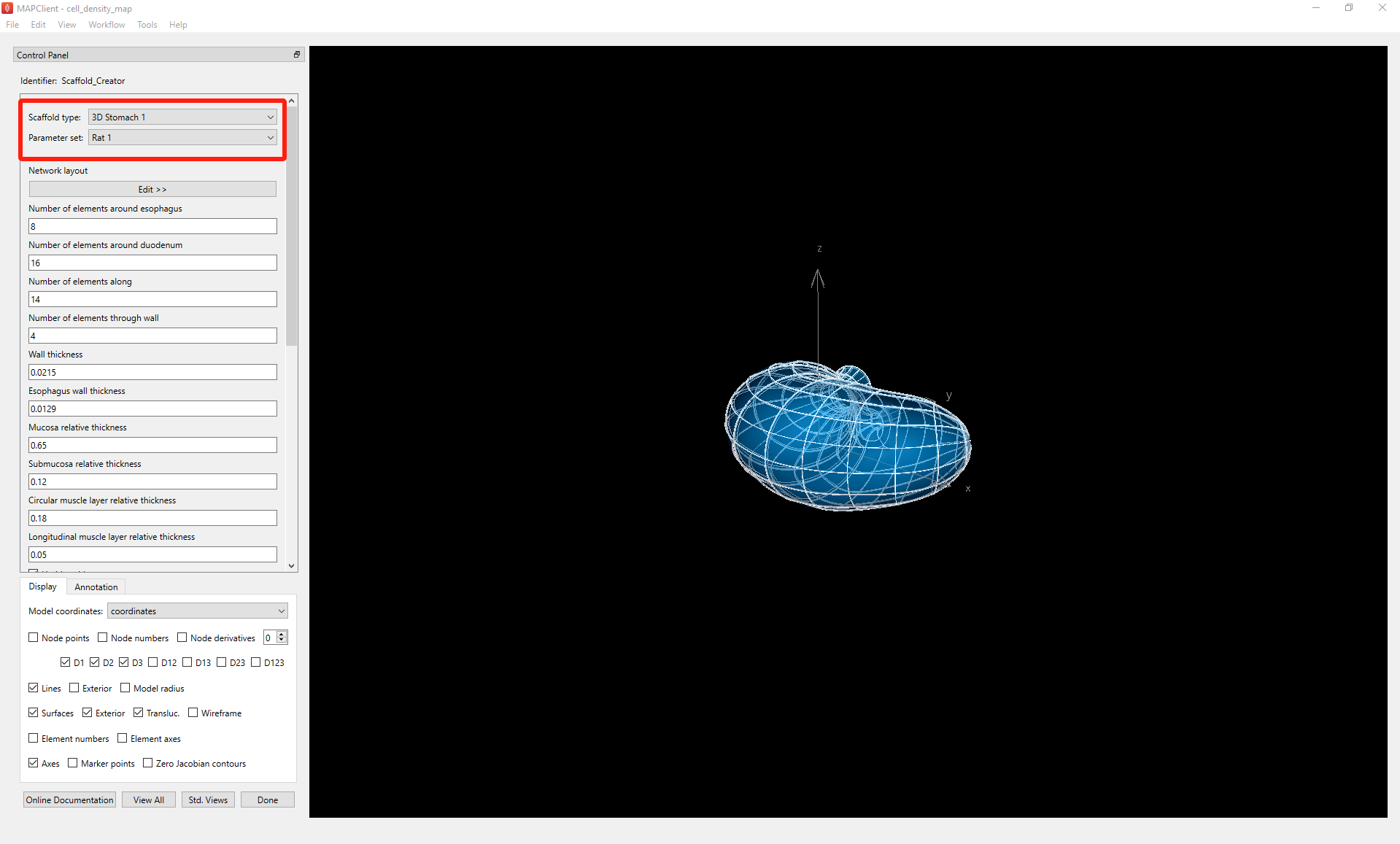 Figure 9. _Scaffold Creator_ configured for a rat 3D stomach scaffold, the view has been manipulated to show a non-default view