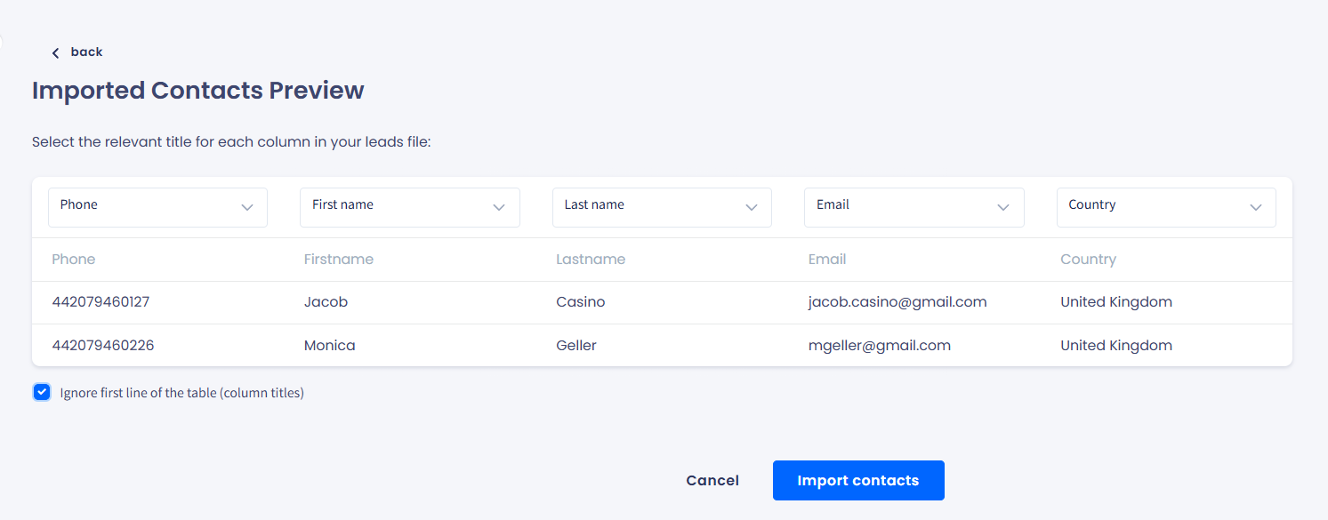 Screenshot of the Imported Contacts Preview page with the Ignore first line of the table option selected