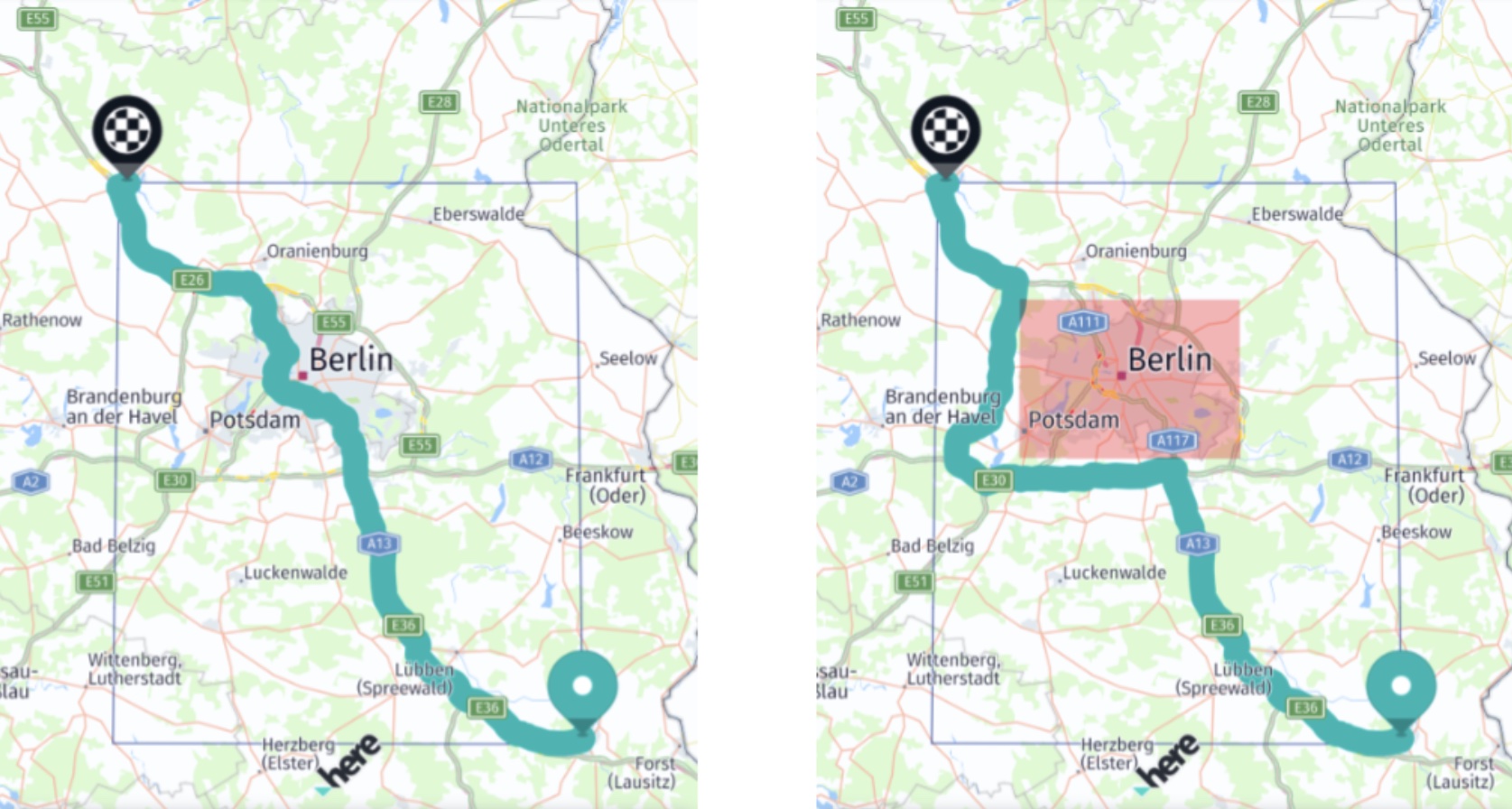 Screenshot: Two routes without and with an avoidance area.