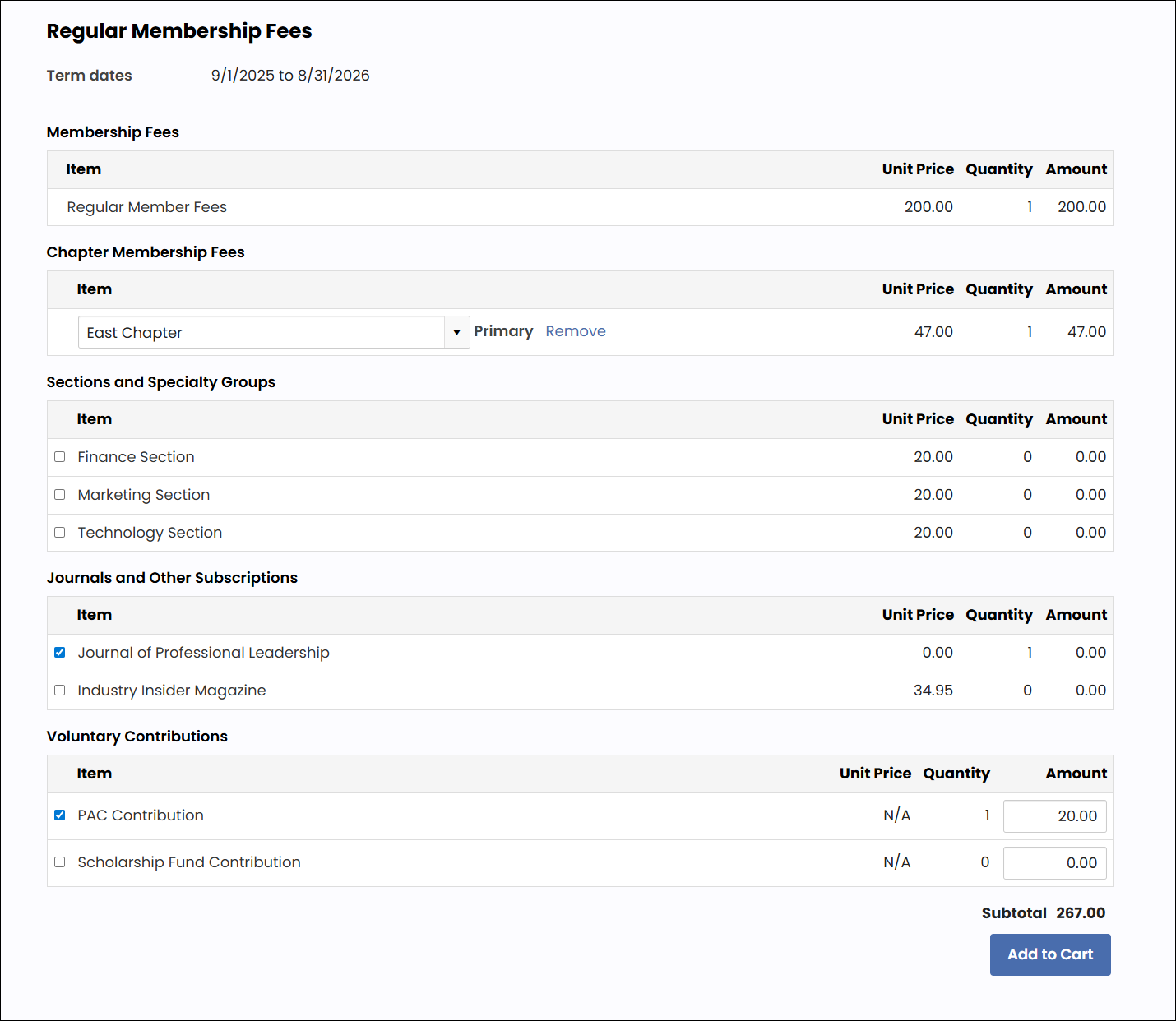 Illustrating an example of the itemized renewal page