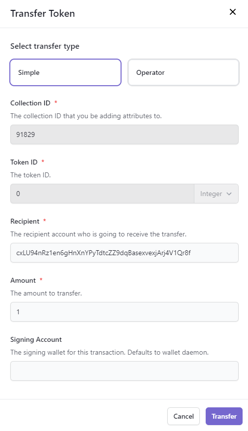 Transfer Token form on Enjin Platform