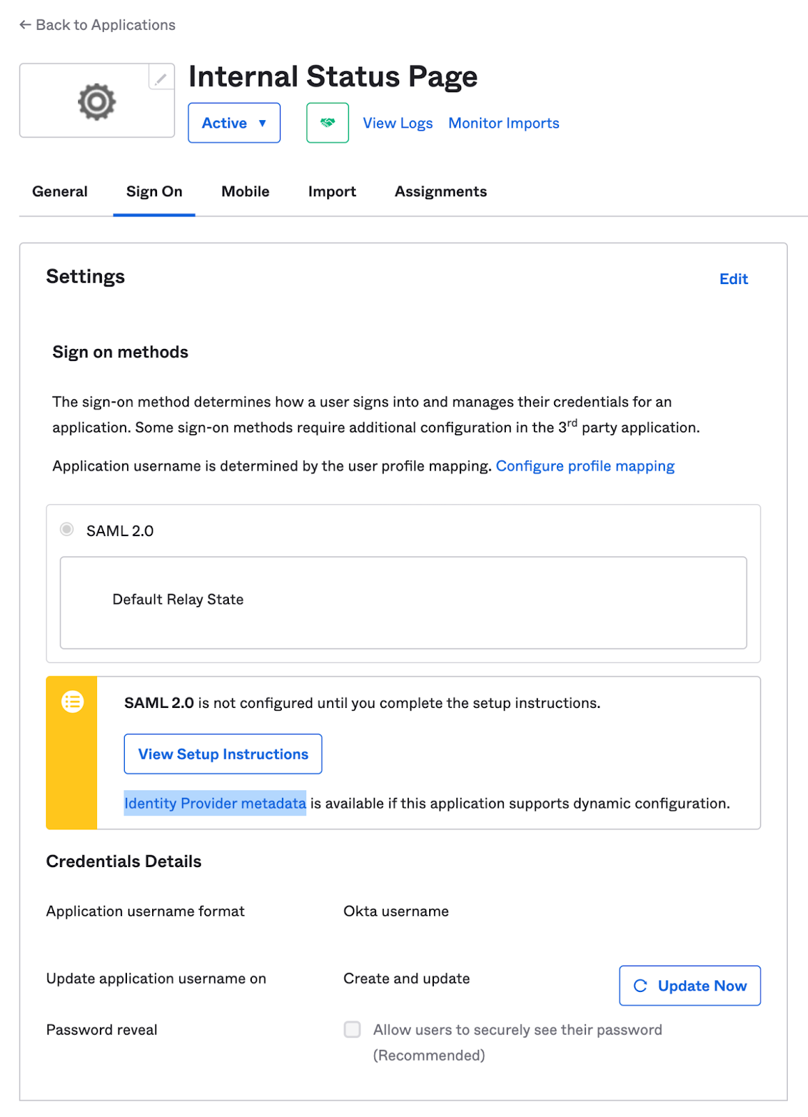 Application settings after creation