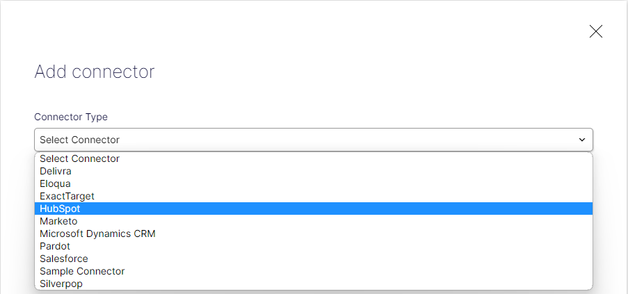 Screenshot of the Add connector view where selecting a marketing automation connector type