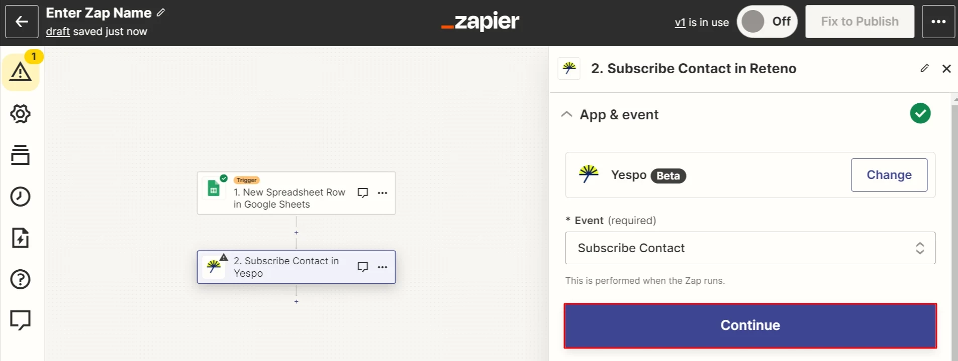 Zapier action setup panel with the Yespo app and event confirmed and the Continue button highlighted