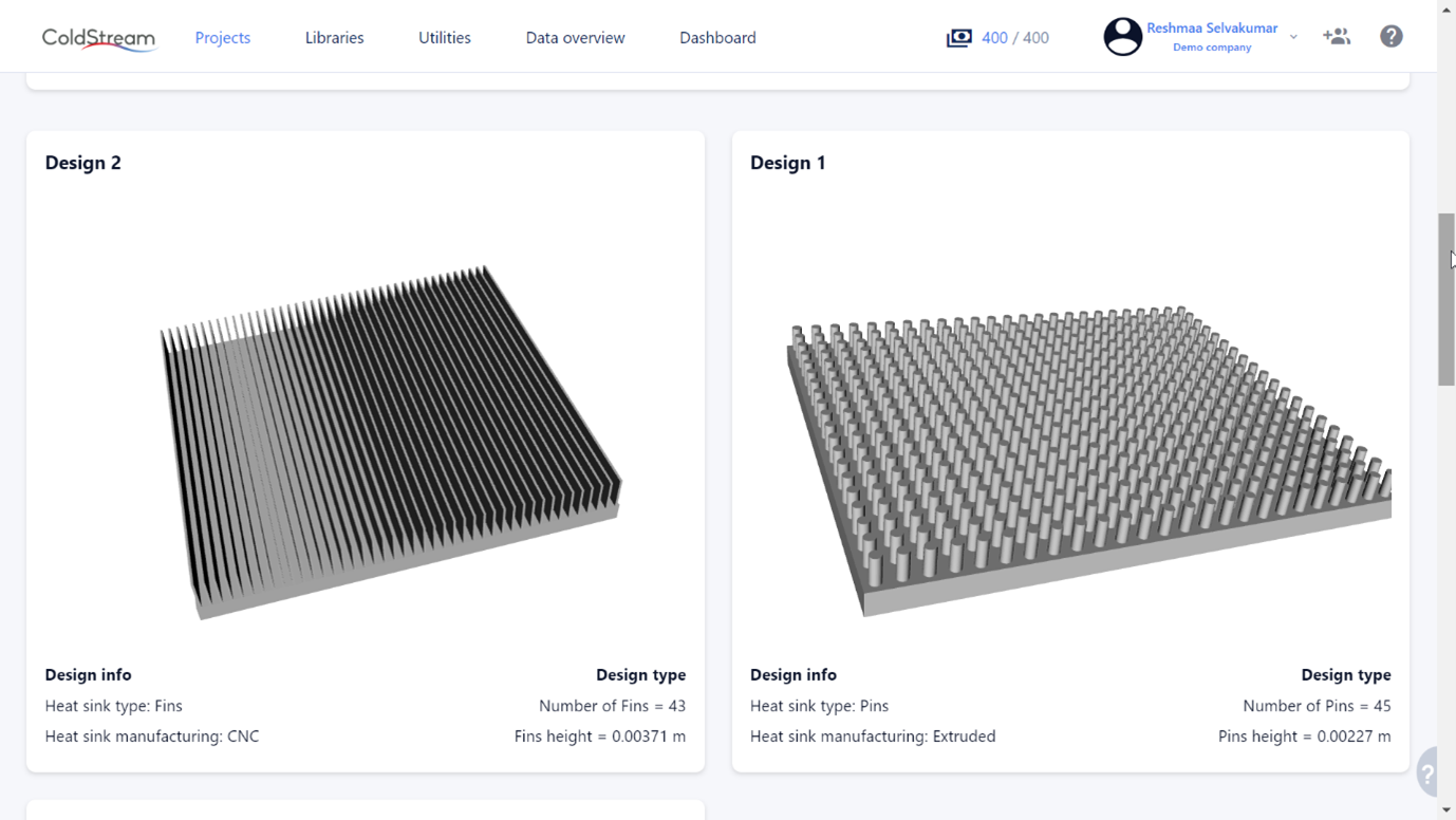 Heatsink GUI for selected iteration