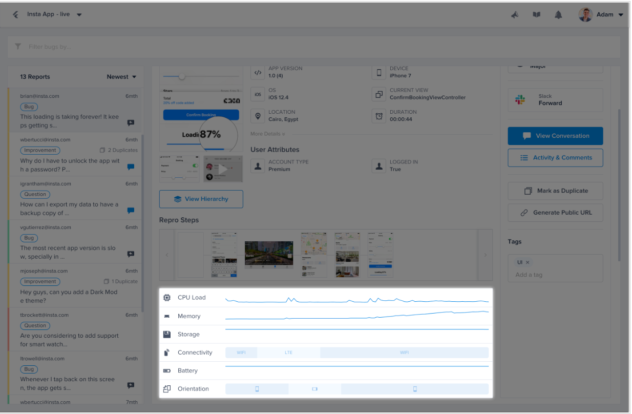 This is the Session Profiler in a bug report in the Luciq dashboard