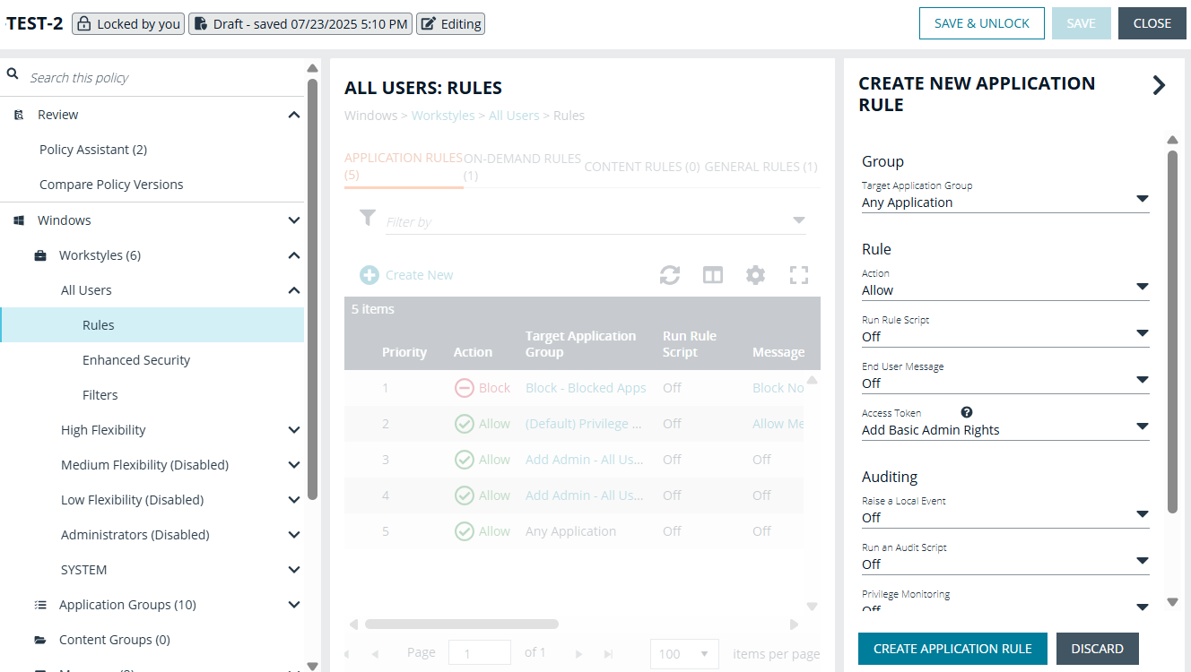 Settings to create an application rule in EPM Policy Editor