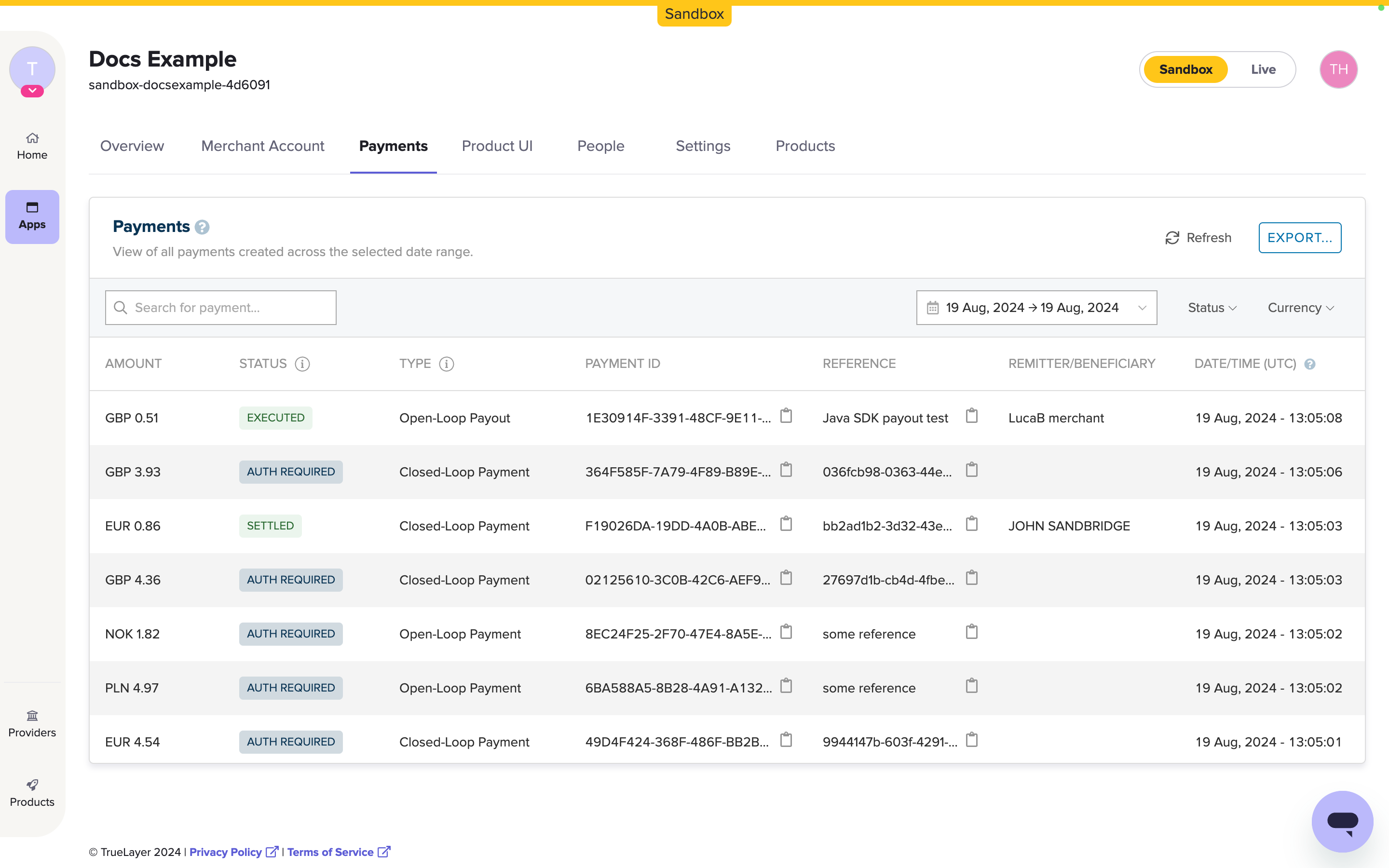 The **Payments** view, where you can see a table of payments and issue refunds. The tab menu also displays the other options available to you.