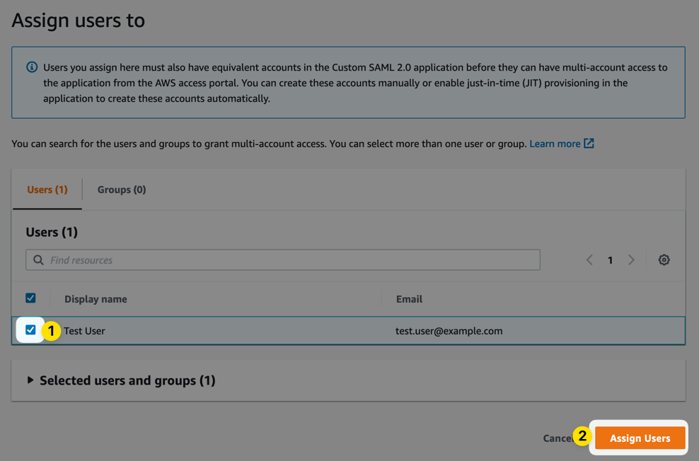 Screenshot of AWS Identity Center UI showing where to assign users