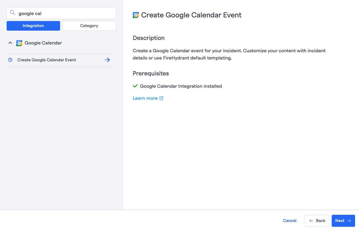 Finding the Google Calendar Event step