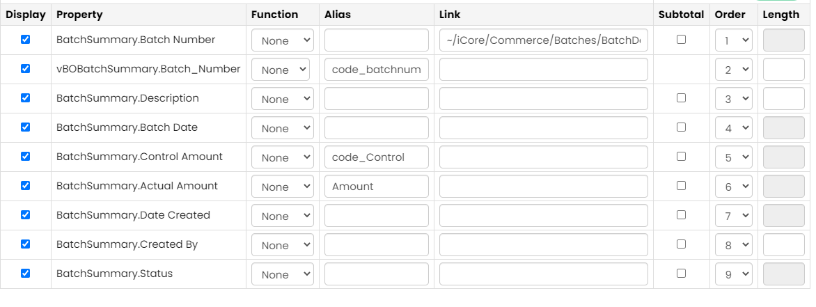 Defining the Display tab for a query titled " My batches."